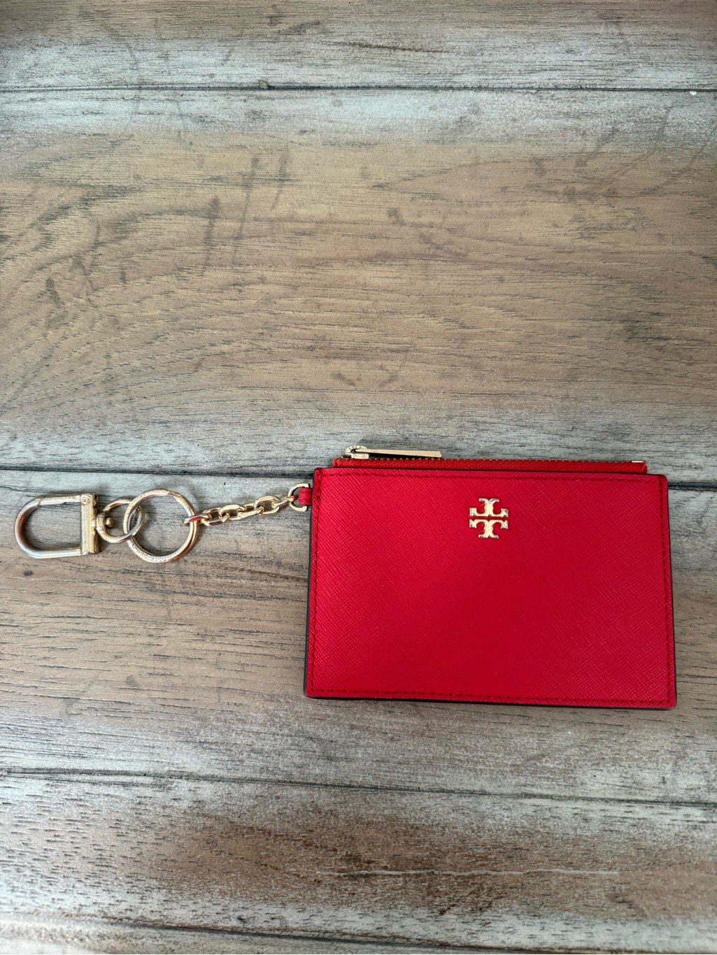 Tory Burch Red Saffiano Leather Card Holder With Gold Keychain Tory Burch Red Saffiano Leather Card Holder With Gold Keychain